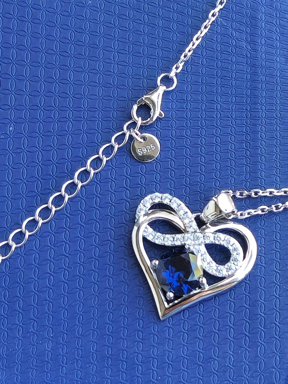Sterling Silver Infinity Heart Pendant Necklace Blue CZ 19" Adjustable Chain - Picture 2 of 8